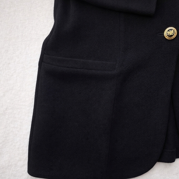 ST. JOHN BASICS Santana Knit Blazer Black Gold Crest Buttons Made In USA Size 12 - Picture 5 of 9
